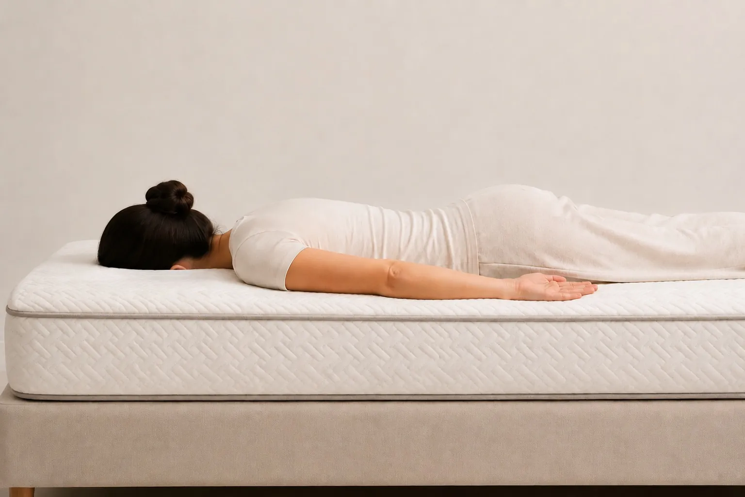 Woman lying relaxed on her stomach with her head straight in the cutout of the SleepLab One